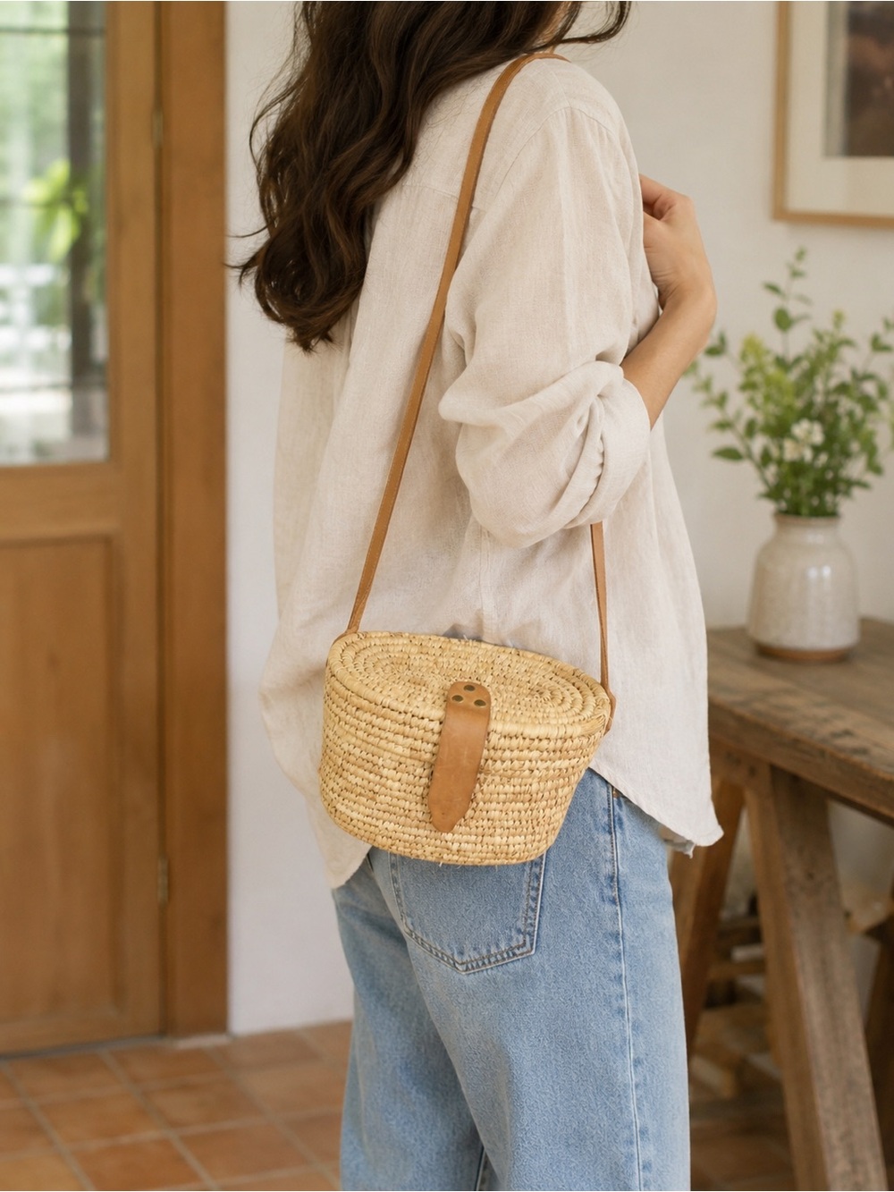 Woven Raffia Straw Crossbody Bag with Tan Leather Strap